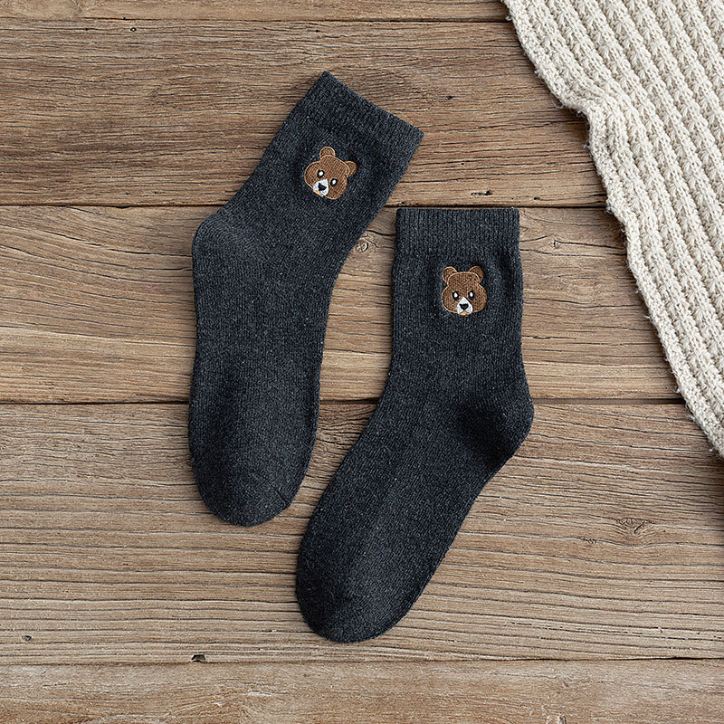 Cartoon Bear Embroidery Pattern Autumn Winter Crew Socks Female Rabbit Wool Blend Wild Thick Warm Socks Wholesale Fluffy Fuzzy Socks